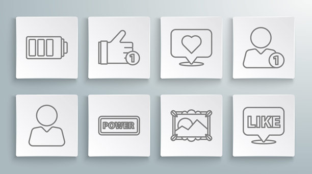 添加好友，手势，电源按钮，风景图片，气泡中的点赞，心形，电池充电指示图标。矢量图图片下载