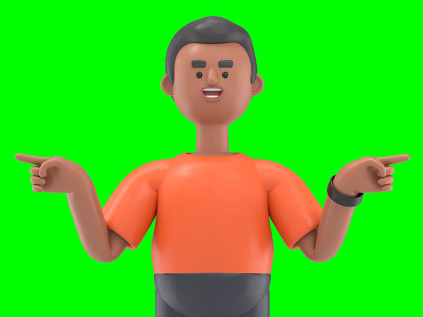 3D插图，英俊的男人大卫正在指向。绿色屏幕模型。3D渲染在绿色屏幕上，用于视频素材和抠图。图片下载