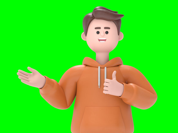 3D插图：微笑的亚洲女性Angela展示手掌并做出“好的”手势，竖起大拇指，3D渲染，绿色背景用于视频素材和抠图。图片下载