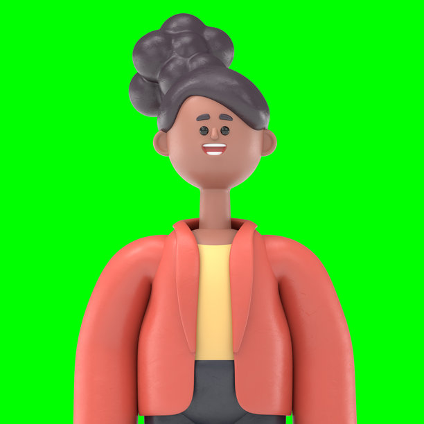 3D插图：非裔美国女性Coco做出胜利姿势，绿幕样板。3D渲染在绿幕上，用于视频素材和抠图。图片下载