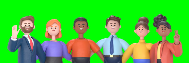 年轻多元化的人群站在一起。绿幕模型。3D渲染，适用于绿幕素材和抠图。图片下载
