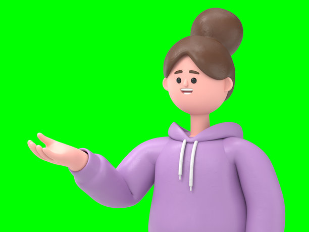 3D插图：微笑的亚洲女性Angela展示手掌并做出“好的”手势，竖起大拇指，3D渲染，绿色背景用于视频素材和抠图。图片下载