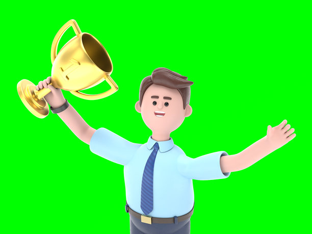 亚洲男子费利克斯手持奖杯和公文包，庆祝他的胜利的3D插图。绿色背景上的3D渲染，适合视频素材和抠图。图片下载
