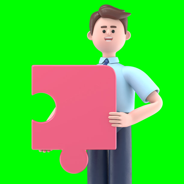 亚洲男子费利克斯连接拼图元素的3D插图。绿幕模型。3D渲染在绿幕上用于视频素材和剪辑路径。图片下载