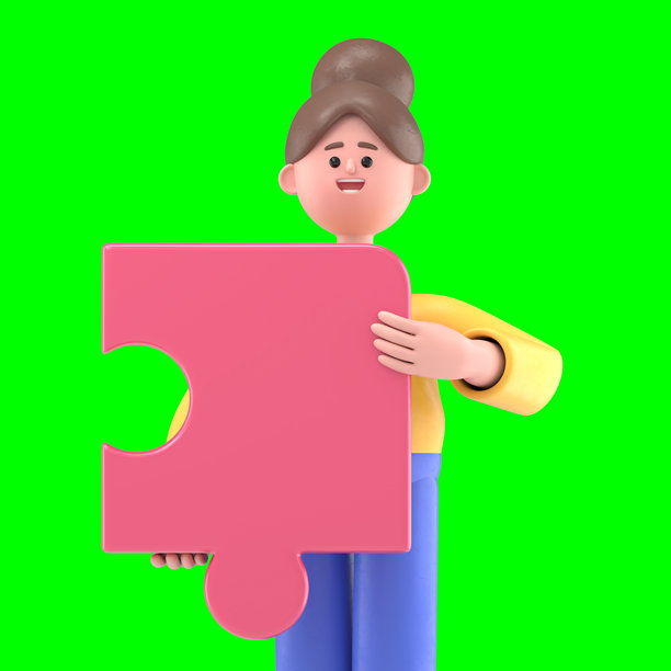 亚洲女性安吉拉的3D插图，正在连接拼图元素。绿色背景模版。3D渲染，适用于绿色背景的素材和剪切路径。图片下载