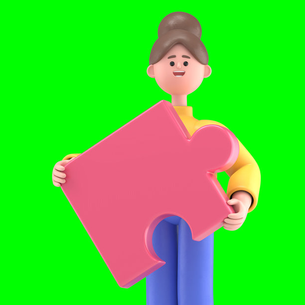 亚洲女性安吉拉的3D插图，正在连接拼图元素。绿幕模拟。3D渲染在绿幕上用于视频素材和抠图。图片下载