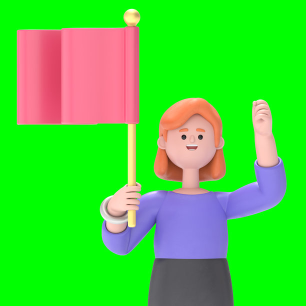 3D插图：欧洲女商人艾伦做出胜利的握拳手势。强劲，绿幕背景模拟。3D渲染在绿幕上用于视频素材和抠图。图片下载