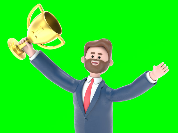 3D插图：留胡子的美国商人鲍勃手持奖杯和公文包，庆祝他的胜利。3D渲染，适用于绿幕素材和抠图。图片下载