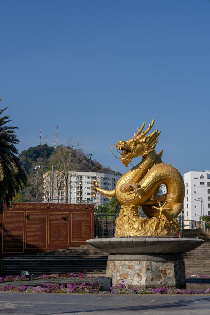 泰国女王诗丽吉公园普吉岛街道上的金龙雕像。竖版图片图片下载