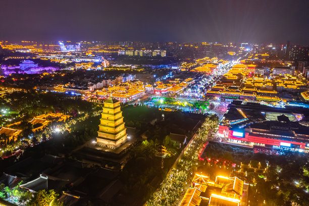 大雁塔、唐大悦城的航拍照片，西安，陕西，中国，亚洲。图片下载