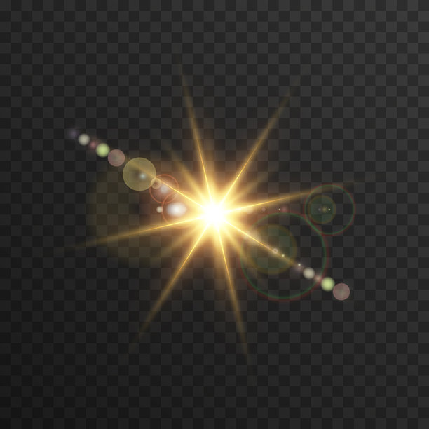 明亮的太阳镜头光晕，金色光线条纹和棱镜散景在黑色背景上。用于叠加、照片滤镜或电影灯光的抽象日光效果。图片下载