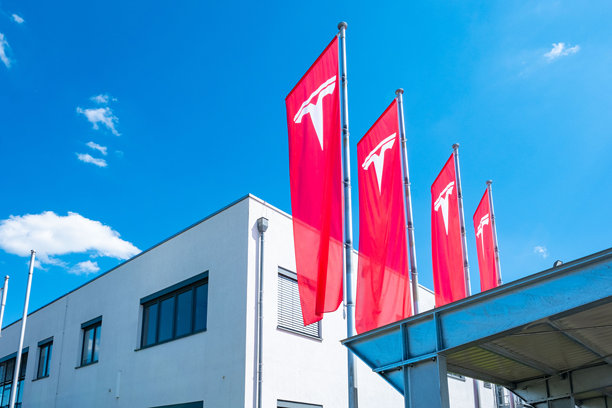 红色特斯拉旗帜上展示着标志，办公大楼装饰着公司横幅，企业品牌形象，电动车创新，可持续能源和汽车技术图片下载