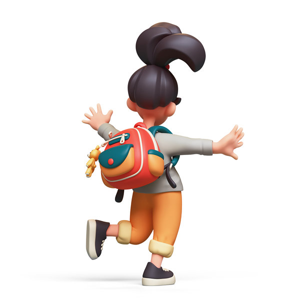 3D渲染的卡通风格搞笑可爱的亚洲女孩背影，穿着休闲时尚的灰色毛衣、黄色裤子和运动鞋，背着红色书包单腿跳跃，挥手，白色背景。图片下载