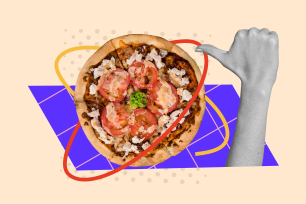 3D照片拼贴的手势草图模板，拇指展示披萨订单，快餐餐厅美食厨师厨房图片下载