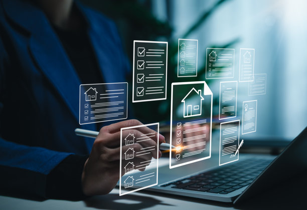 房地产清单和物业管理概念。人员与房屋和清单图标一起工作，涉及房地产物业管理、评估、房屋检查和任务跟踪流程。图片下载