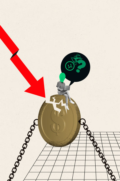 垂直照片拼贴，匿名女孩的头部与灯泡、硬币、裂缝、通货膨胀箭头、下降气泡和笔记本电脑在涂鸦背景上隔离。图片下载