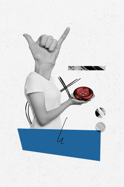 女孩的竖版照片拼贴，做出“沙卡”手势，手持按钮，缝纫工厂的裁缝工人，背景为涂鸦风格。图片下载