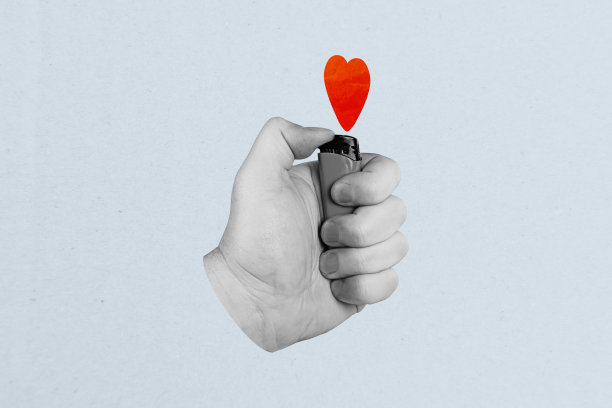 趋势艺术横幅草图 3D 照片拼贴 关系 亲密 节日 情人节 手握打火机 火焰 心形图片下载