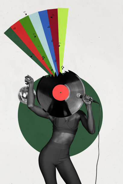 垂直照片拼贴，匿名女孩的头部与复古麦克风、迪斯科球一起，参加周末活动，背景为涂鸦风格。图片下载