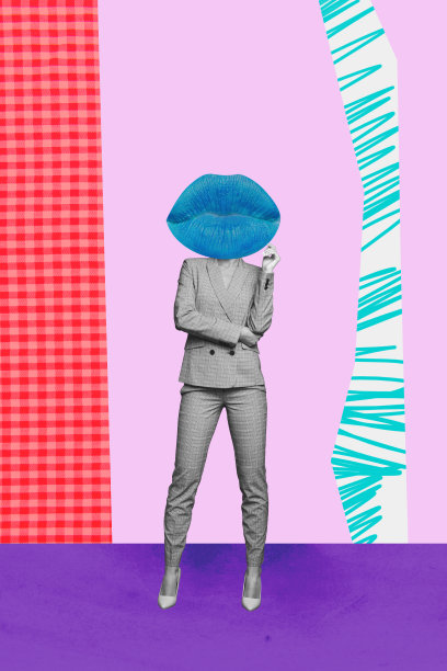 垂直的3D图像照片拼贴，匿名女孩站立，嘴巴嘟起，涂抹粉色唇膏，美容填充剂增大嘴唇。图片下载