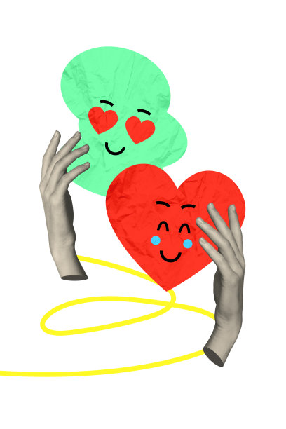 两只手握着心形微笑脸的卡通贴纸个性表情符号友好可爱积极的复合3D照片拼贴设计趋势草图图片下载