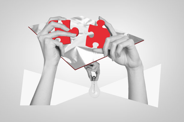 商务人士的手握着拼图块，计划解决方案，灯泡创意概念的合成照片拼贴，背景为涂鸦风格。图片下载