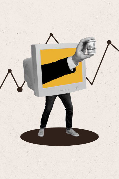 人腿的垂直照片拼贴，电脑显示器后面探出手来，手里拿着一卷钱，进行收入交易，背景为涂鸦风格。图片下载