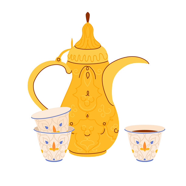 传统阿拉伯咖啡壶Dallah和装饰杯子。中东款待的象征。古董铜壶在也门、阿曼、卡塔尔常见。咖啡店的平面风格矢量插图。图片下载