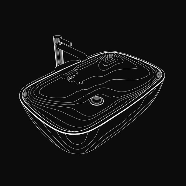 一幅黑白轮廓画，描绘了一个浴室水槽和一个流线型的水龙头，背景为深色。极简设计突显了干净的线条和几何的简单性。图片下载