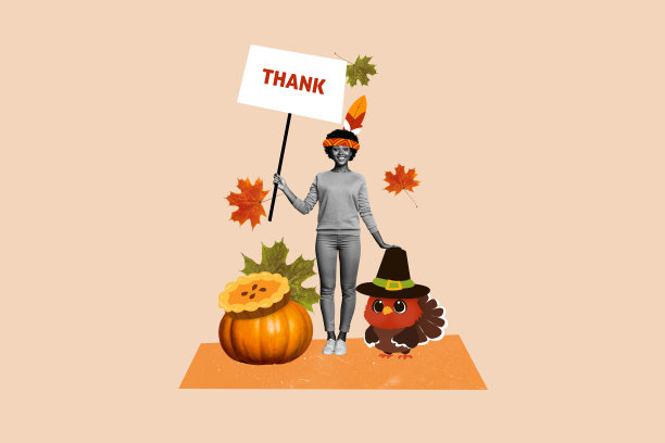 快乐的美国女孩与印度羽毛、火鸡、南瓜、秋叶和栅栏的拼贴照片，背景为涂鸦风格。图片下载