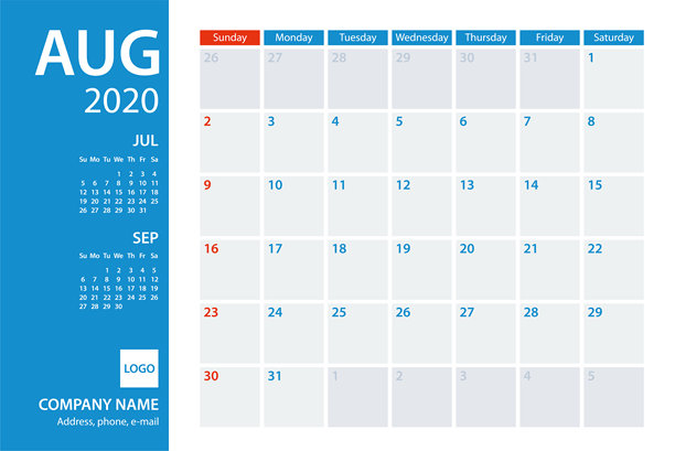 2020年8月日历规划师矢量模板。一周周日图片下载