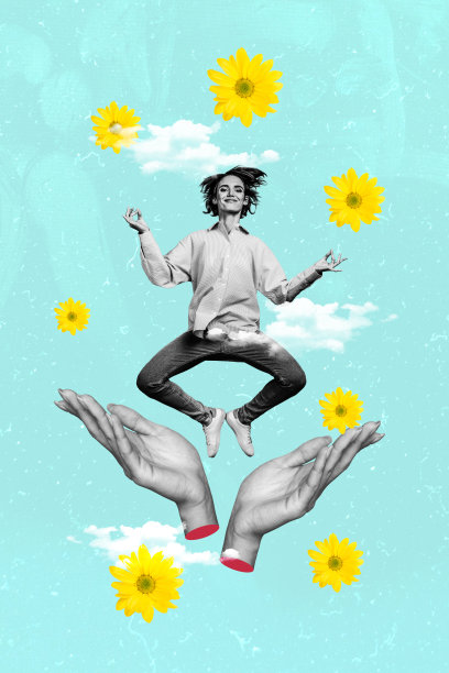 垂直照片拼贴，宁静的女孩跳跃，双手掌心合十，冥想，佛教，花朵绽放，超凡的练习，独立于彩绘背景上。图片下载