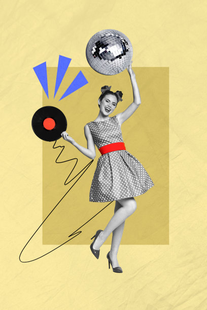 时尚艺术合成素描照片拼贴，展现无忧无虑的派对庆祝假日，年轻女士在音乐中跳舞，唱片和迪斯科球相伴。图片下载