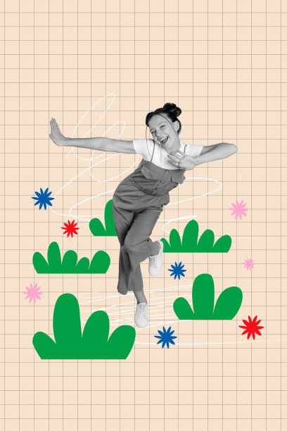 春天户外快乐漂亮女孩跳舞的垂直照片拼贴，走在盛开的花丛中，周围自然氛围，背景为涂鸦风格。图片下载