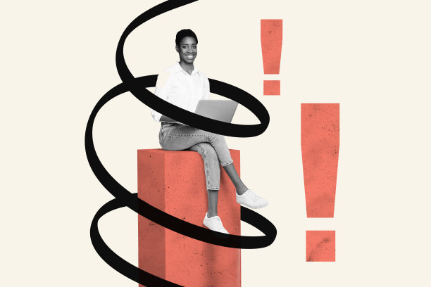 快乐的美国女孩在涂鸦背景下浏览MacBook设备，收到重要警告错误提示的拼贴照片。图片下载