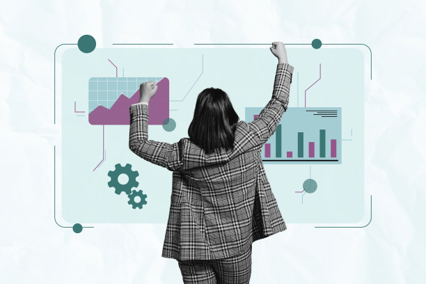 趋势艺术作品草图图像照片拼贴，展示年轻女性在工作界面网页窗口项目中处理统计图形的交易业务。图片下载