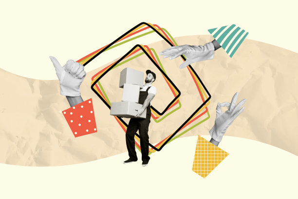 年轻快递员手持包裹，展示“好”的手势，背景为涂鸦风格的合成照片拼贴。图片下载