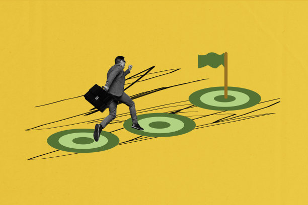 年轻男性穿着正装的工作空间经理，3D草图艺术作品，照片拼贴，奔向目标，达到终点的旗帜。图片下载