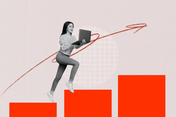 快乐女孩在涂鸦背景上奔跑，冲浪，使用笔记本电脑，箭头象征着职业发展和成功的拼贴照片。图片下载