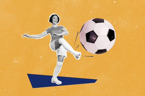 户外体育场的复合趋势艺术作品，3D草图图像，照片拼贴，年轻女性踢足球，踢打腿部，拉球。图片下载
