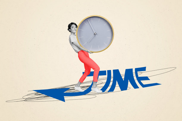 不快乐的女孩手持闹钟的拼贴照片，表现时间管理和准时的主题，背景为涂鸦风格。图片下载