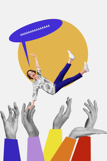 趋势艺术作品合成素描图像照片拼贴，许多手似乎在抓住一个迷你年轻女性，捕捉她下落的恐怖面孔的对话气泡。图片下载