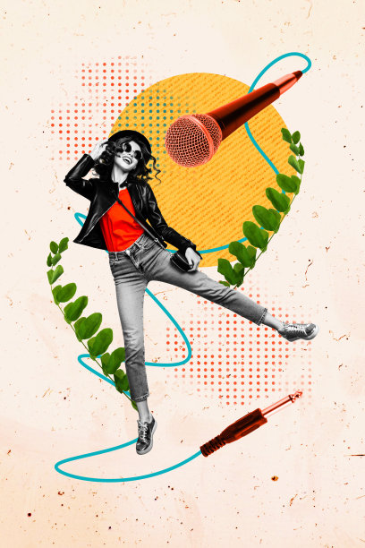 快乐的女明星在卡拉OK场合跳舞的竖版照片拼贴，手持麦克风，背景为涂鸦风格。图片下载