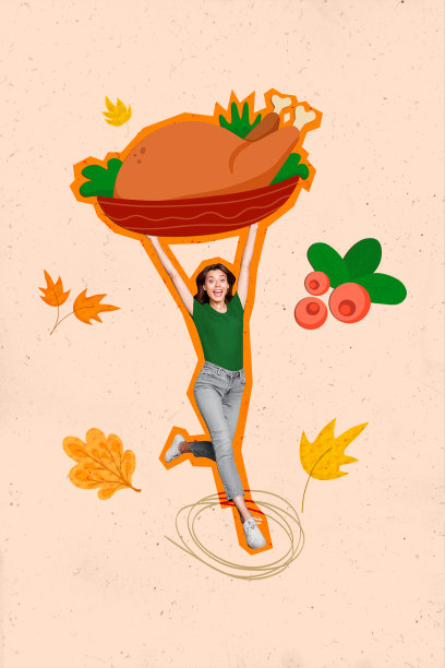 快乐女孩奔跑着，手里拿着一盘烤火鸡的垂直照片拼贴，背景为涂鸦风格，展现感恩节传统美食。图片下载