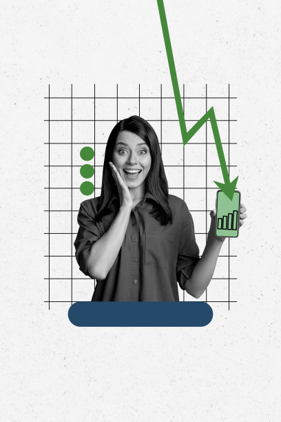 垂直照片拼贴，快乐女孩手持手机，发展图表图标，箭头成功指示器，进步，背景为涂鸦风格。图片下载