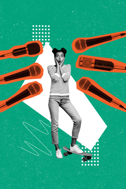 惊讶女孩站在小滑板上，手持麦克风，进行采访会议播客演讲的垂直照片拼贴，背景为涂鸦风格。图片下载