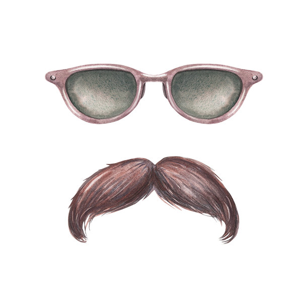 复古胡须的太阳镜。手绘水彩插图，幽默面孔，独立于白色背景。非常适合嘻哈风格和书呆子品牌、理发店装饰、男士时尚、绅士设计。图片下载