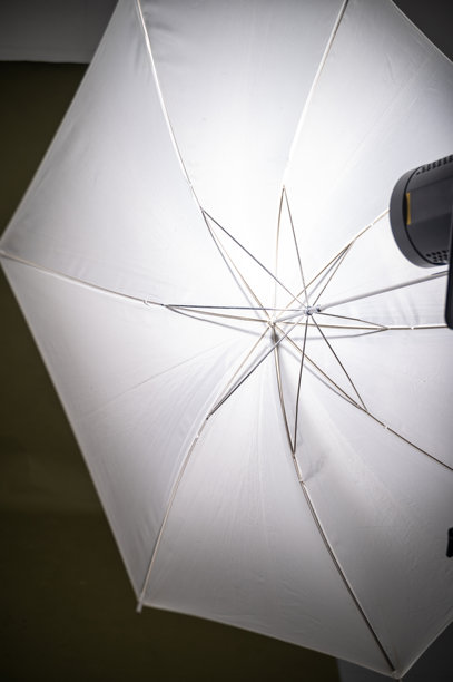 摄影棚灯光，黑色背景上的白色伞。照片工作室中的光源图片下载
