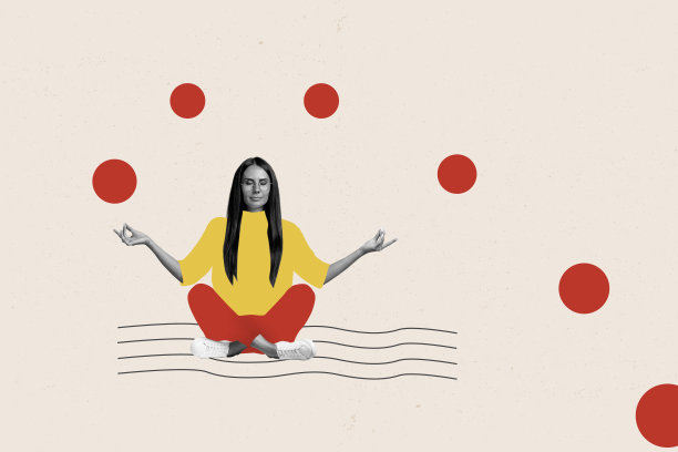 瑜伽训练的3D照片拼贴艺术作品，展示年轻女性在健身空间冥想，手指做出莲花和“哦姆”手势。图片下载