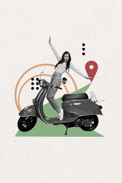 惊讶女孩站在旧维斯帕摩托车旁的竖版照片拼贴，配有GPS图标，展示送货服务，夏季旅行假期，背景为涂鸦风格。图片下载
